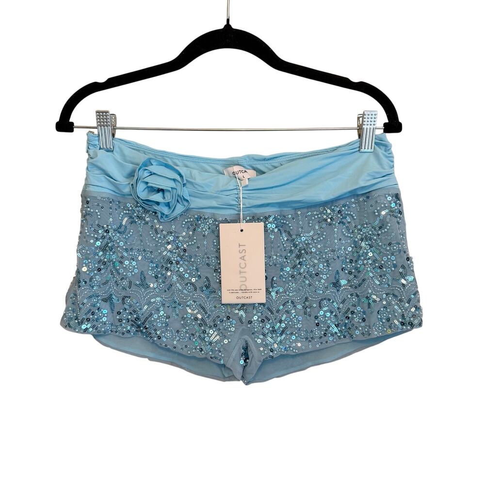 Outcast Carlia Shorts L Blue Sequin Rosette Embellished Festival Party Y2K NWT